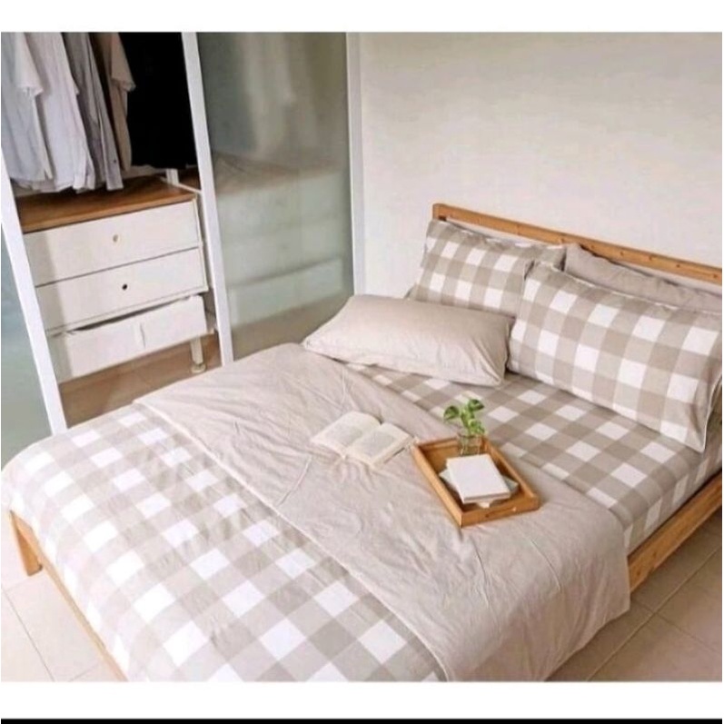 SPREI AESTHETIC MOTIF KOTAK KHAKI | SEPRAI KOTAK ALA KOREA UK 160x200 180x200