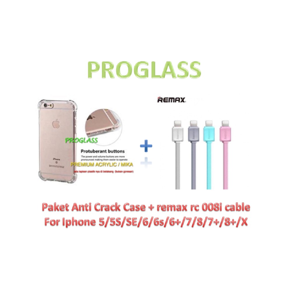 PAKET ANTI CRACK CASE Iphone 5/6/6+/7/7+/X + Kabel Data Remax Rc008i