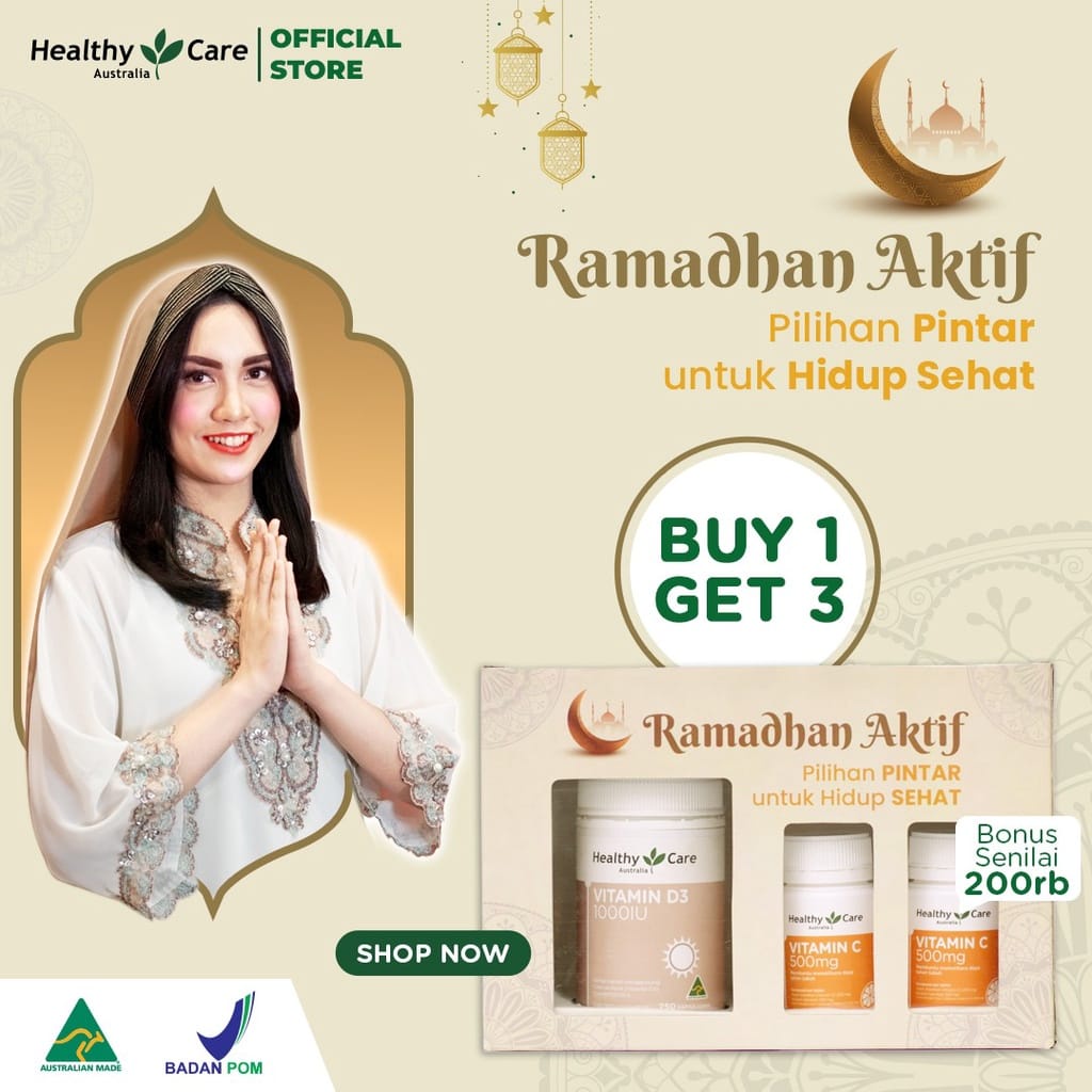 [BUY 1 GET 3] Hampers Ramadhan Healthy Care Vitamin D3 1000IU Isi 250 Kapsul  + 2 Botol Vitamin C 50