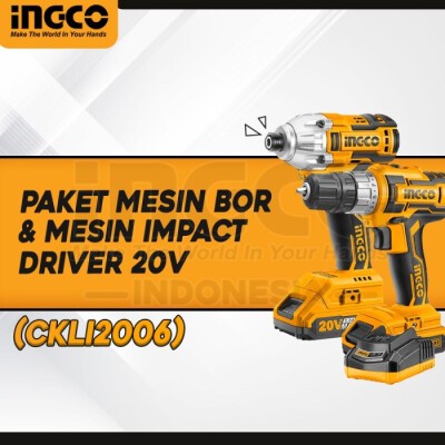 INGCO CKLI2006 PAKET CORDLESS DRILL OBENG &amp; BOR BATERAI KOMBO KIT 20V