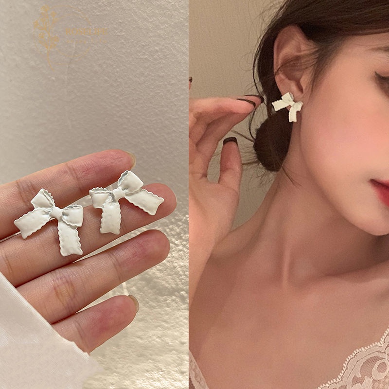 Roselife Korean White/Pink Resin Bowknot Stud Earrings for Girls Women Elegant Ear Jewelry 1 Pair