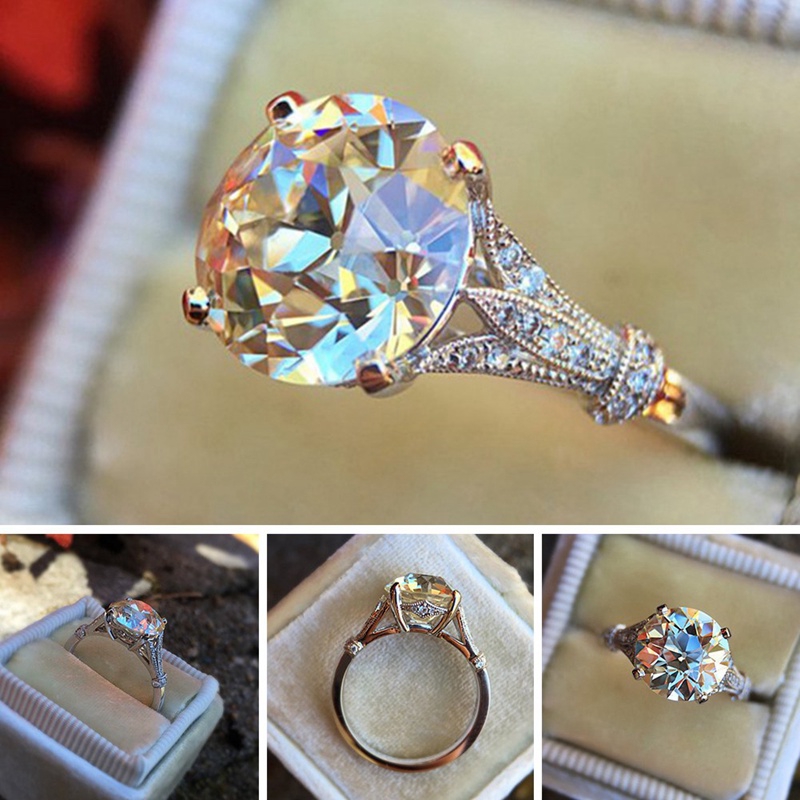 Cincin Emas Putih 18 K Warna Putih dengan Liontin Bulat untuk Pertunangan