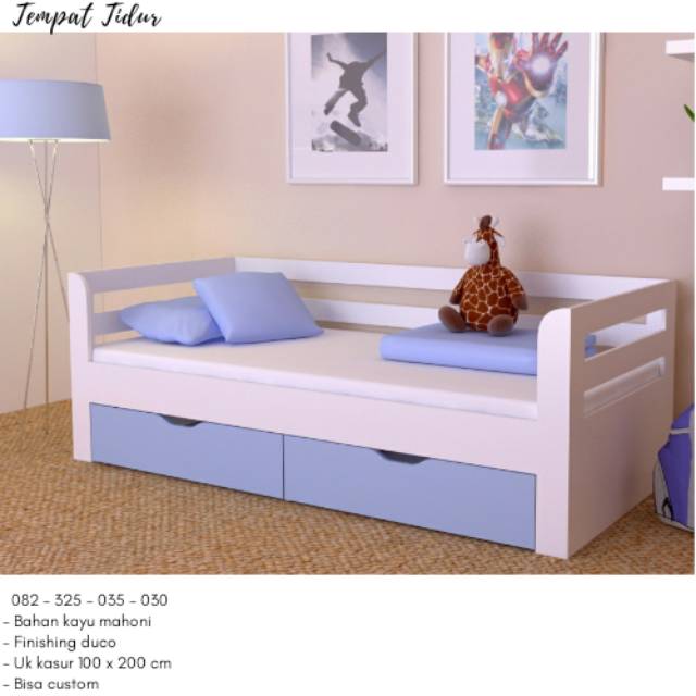 Tempat Tidur Anak Laci Murah, Ranjang Anak Perempuan Minimalis, Kasur Anak Cewek Biru Pink