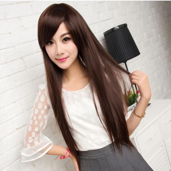 Wig rambut  Palsu Wanita Model  Panjang Lurus  poni  Miring  