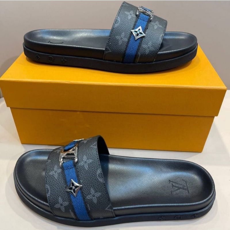 sendal slide pria lv monogram hitam sandal cowok selop slippers mirror quality terlaris