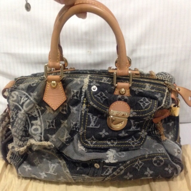 LOUIS VUITTON Limited Edition Black Denim Monogram Denim Patchwork Speedy Bag