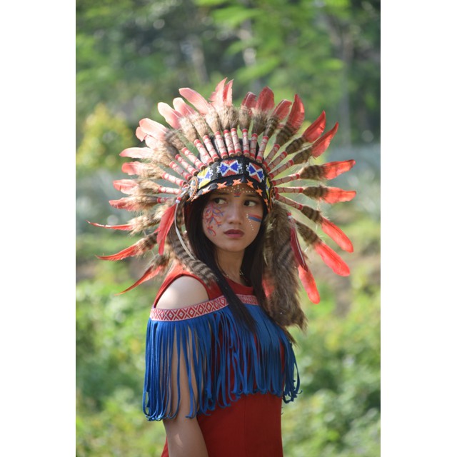 TOPI INDIAN - INDIAN HEADDRESS SMALL ANGSA MONTE MERAH LORENG