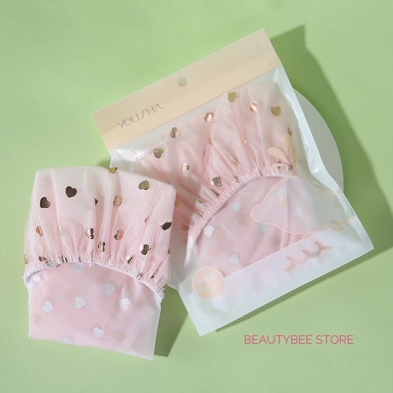 SHOWER CAP JARING PREMIUM YOUSHA MOTIF HATI WARNA PINK (YT019)