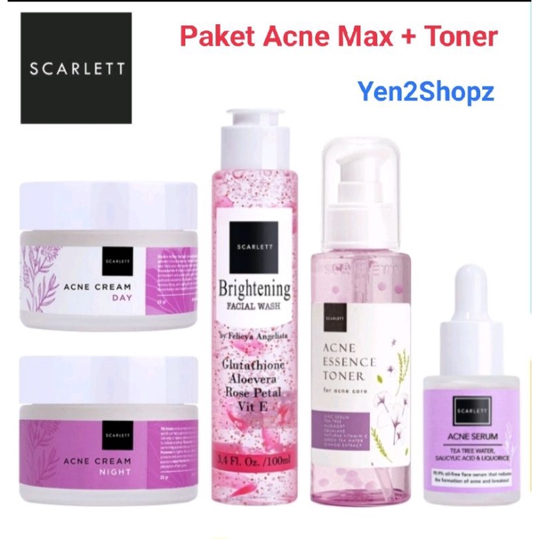 Paket JERAWAT SCARLETT SCARLET ACNE SERUM CREAM TONER MASKER DAN PAKET PENCERAH BRIGHTLY EVER AFTER