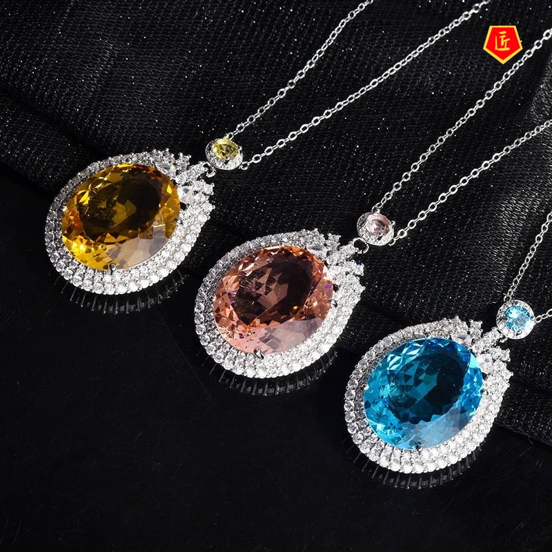 [Ready Stock]Large Diamond Golden Colored Gems Pendant Micro-Inlaid Full Diamond Elegant Fashion