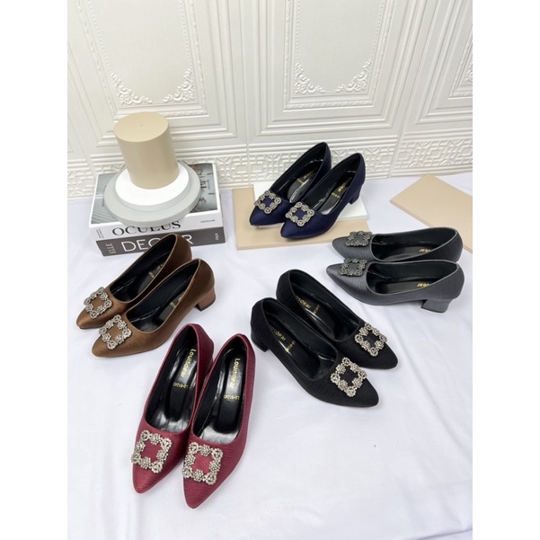 sepatu heel wanita terbaru kekinian pesta LOUISDEAR Sepatu tapak tahu heel 5 cm bahan satin P25