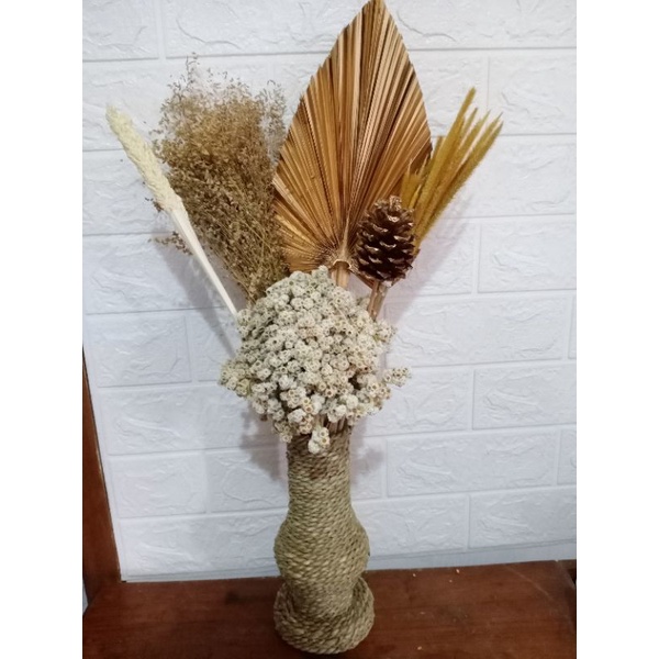 Paket Daun Kering+Pot Guci Mini+Bunga Kering Aesthetic/Daun Palem Kering/Bunga Rustic