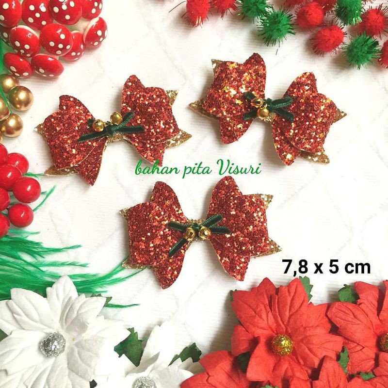 Aplikasi Natal Bow Gliter Hias Lonceng