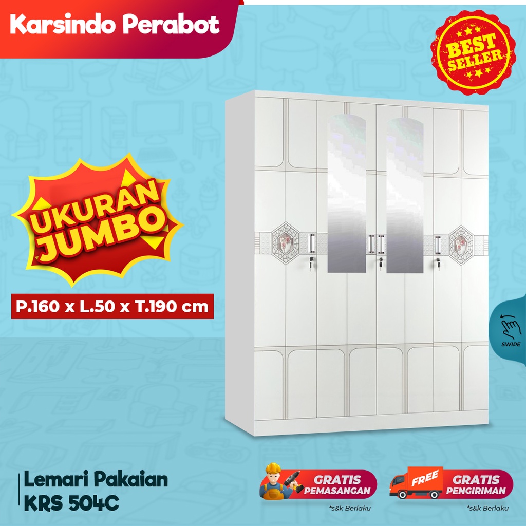 KARSINDO Lemari Pakaian Besi Kaca 4 Pintu Sliding Almari Baju Mewah Anti Rayap & Jamur Napoli 504-C