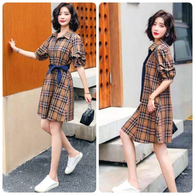 MDLV ~ 1814# Brown BB Tie Neck Mini Dress Import Dress Kotak Korea Fashion import