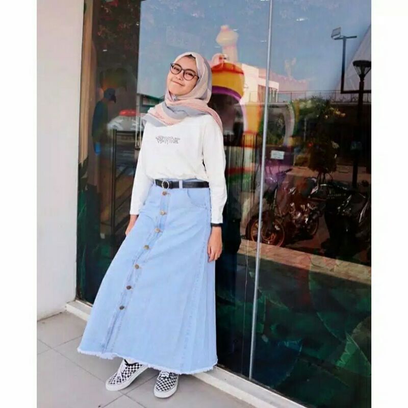 Rok jeans panjang kancing depan-rok jeans murah