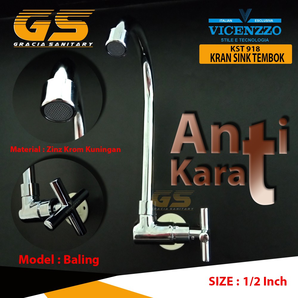 Kran Sink Angsa Tembok Kuningan Vicenzzo KST918 Kran Cuci Piring Wastafel 1/2inch