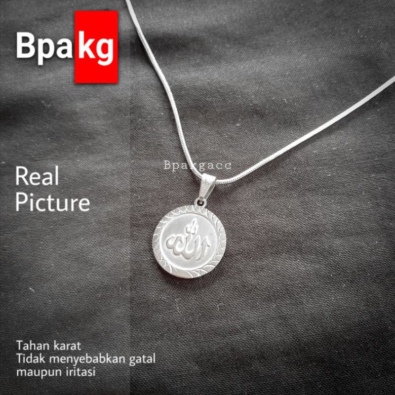 kalung liontin lafad allah kalung pria tulisan arab anti karat besi putih asli silver titanium cowok
