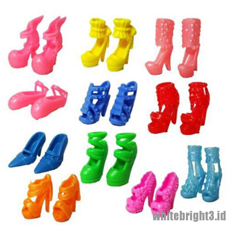 (white3) 10pcs Dress Handmade + 10pcs Sepatu High Heels Untuk Boneka