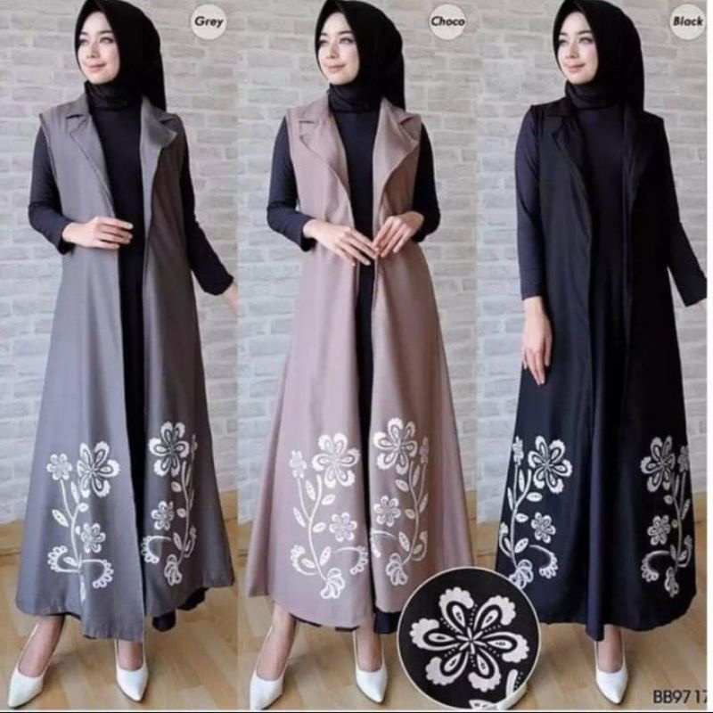 BAJU MUSLIM WANITA OUTER CARDIGAN PANJANG TANPA LENGAN  SABLON TIMBUL ELEGAN