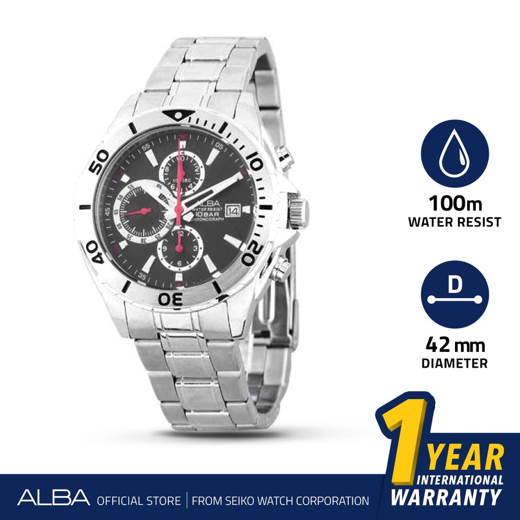 Alba Active Jam Tangan Pria Chronograph  AF8N97 / AF8N97X1 Quartz Black White Dial Stainless Steel S