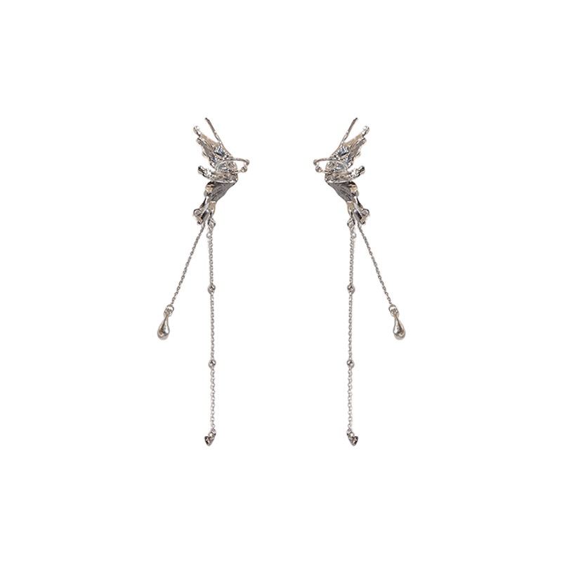 Anting Klip Telinga Model Butterfly Water Drop Rumbai Aksen Berlian Imitasi