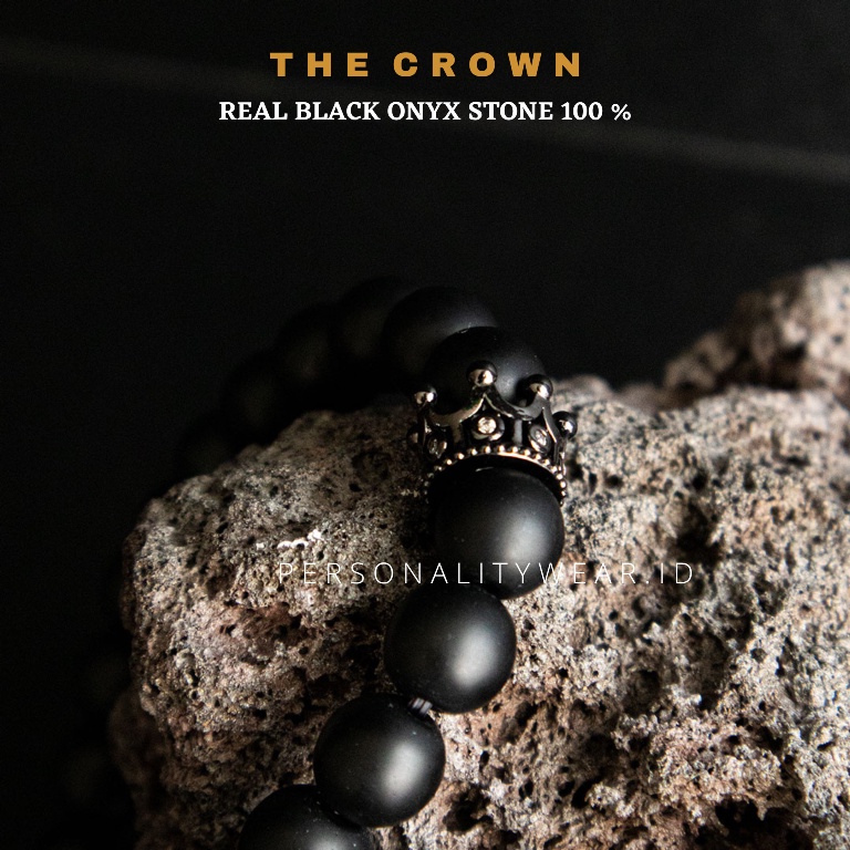 Gelang Pria Wanita Hitam Keren Kekinian Batu Black Onyx Crown