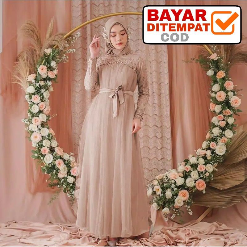 Gamis Brokat Kombinasi Satin Velvet Model Maxi Ukuran L XL XXL