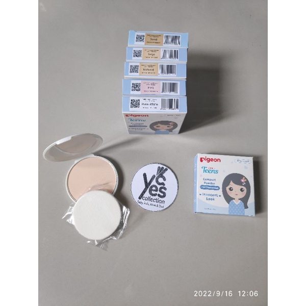 Bedak Padat Anak Pigeon Teens Compact Powder BIRU UV Protection Tempat Kaca + Refil + Puff Makeup Remaja Natural Beige Sand Pure White Pink