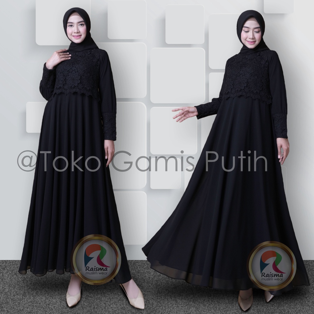 Raisma - Gamis Putih Tulang Lebaran Cantik Dan Elegan Baju Gamis Putih Wanita Terbaru 2022-HITAM