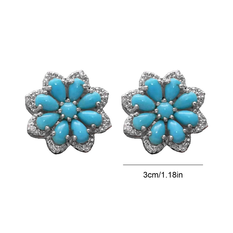 Boho Vintage Turquoise Stud Earrings Women 925 Sterling Silver Snow Flower Diamond Earrings Bridal Wedding Party Anniversary Gift Jewelry