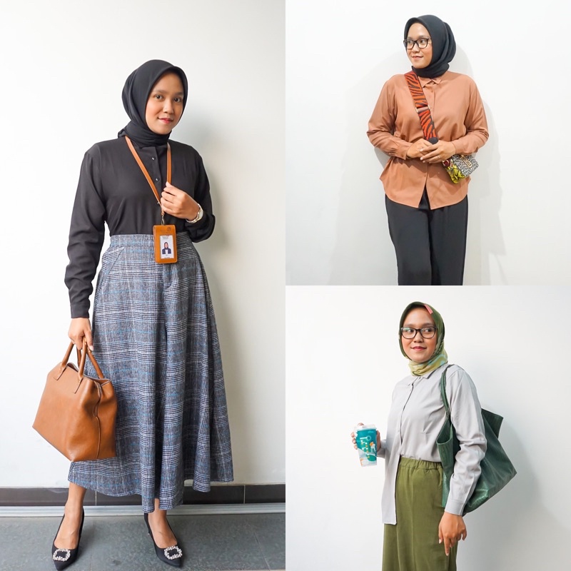 JIHAN BASIC SHIRT ATASAN KEMEJA KERJA PAKAIAN FORMAL KANTORAN WANITA JUMBO POLOS SIZE M, L &amp; XL UKURAN LD 100 110 120 BAHAN SHAKILA PREMIUM SUPER ADEM TERMURAH BY ZENIC_ID BISA COD