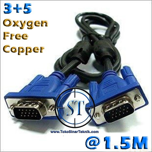 Kabel VGA 3+5 1.5M OFC Cable Oxygen Free Copper Male to Male High Quality Cable Proyektor Monitor LCD LED Panjang 1.5 Meter