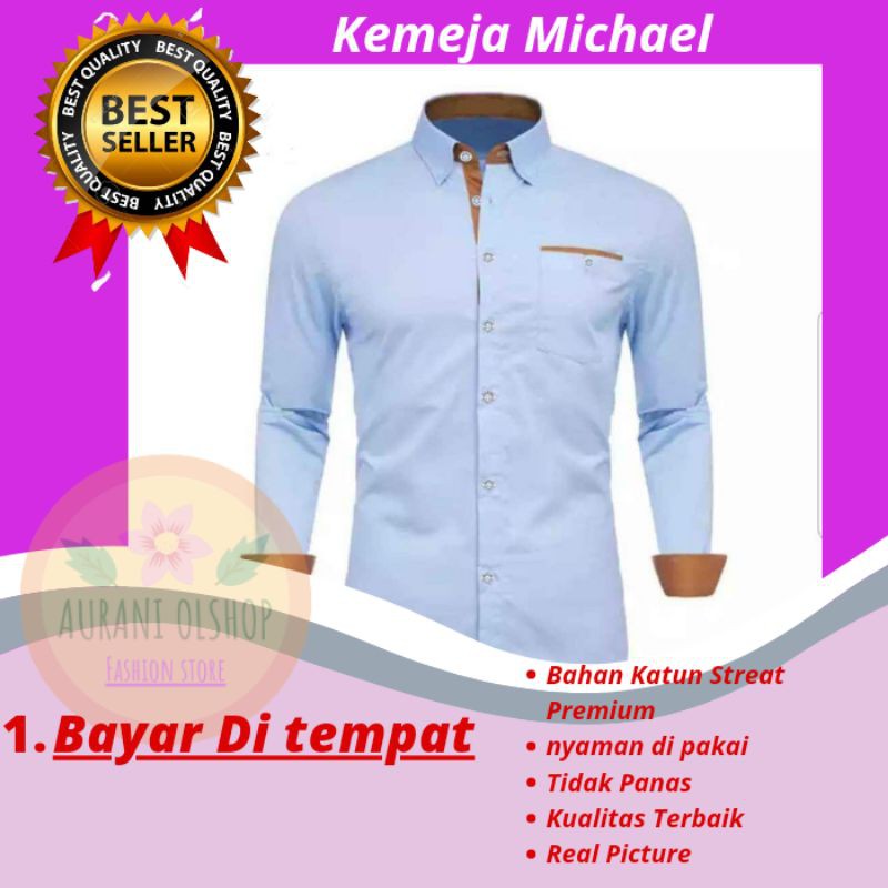 Baju Atasan,Hem Cowok Kemeja Kasual Pria Lengan Panjang Lebaran michael Keren Terbaru
