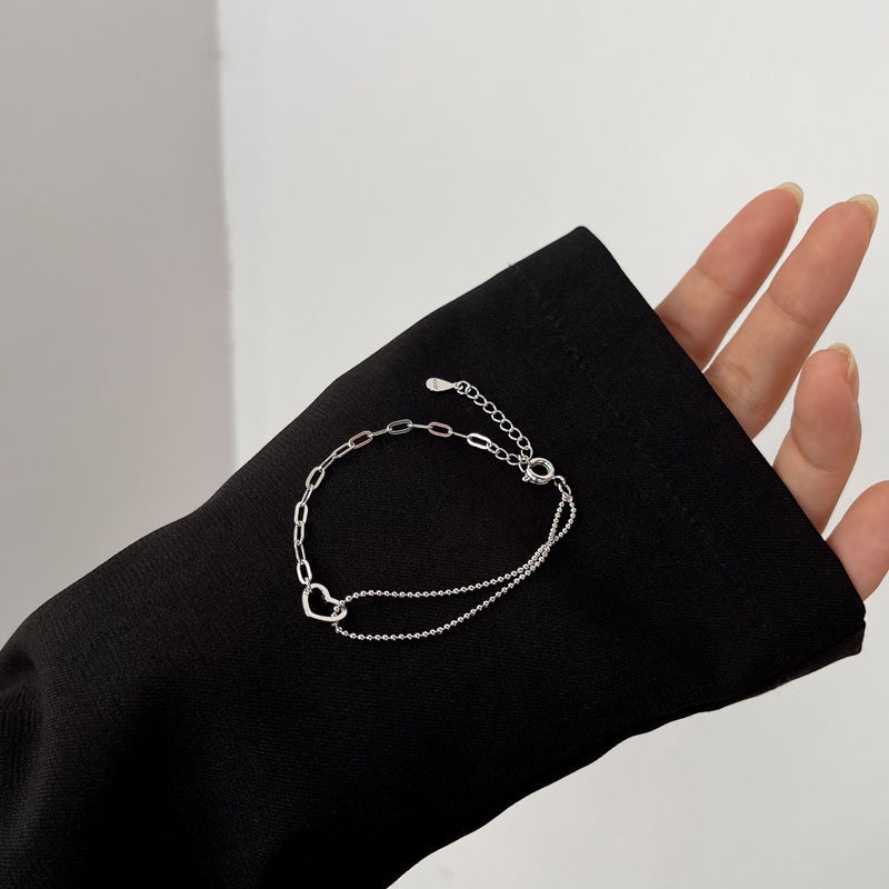 Ins gaya keren hollow hati perak gelang wanita Korea sederhana fashion kreatif double-layer jahitan