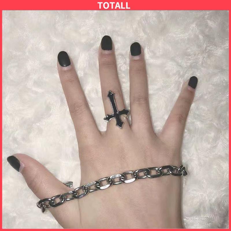 COD Retro Fashion Cross Cincin Pria Wanita Minyak Menetes Punk Jari Telunjuk Tren Cincin Hitam-Totall