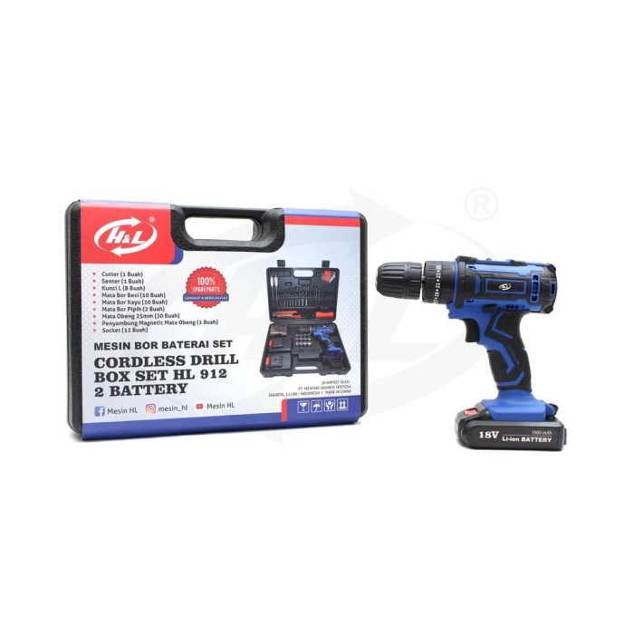 Bor Cordless Drill Bor Baterai 18V H&amp;L Impact Drill Bor Beton Tembok HnL HL 912