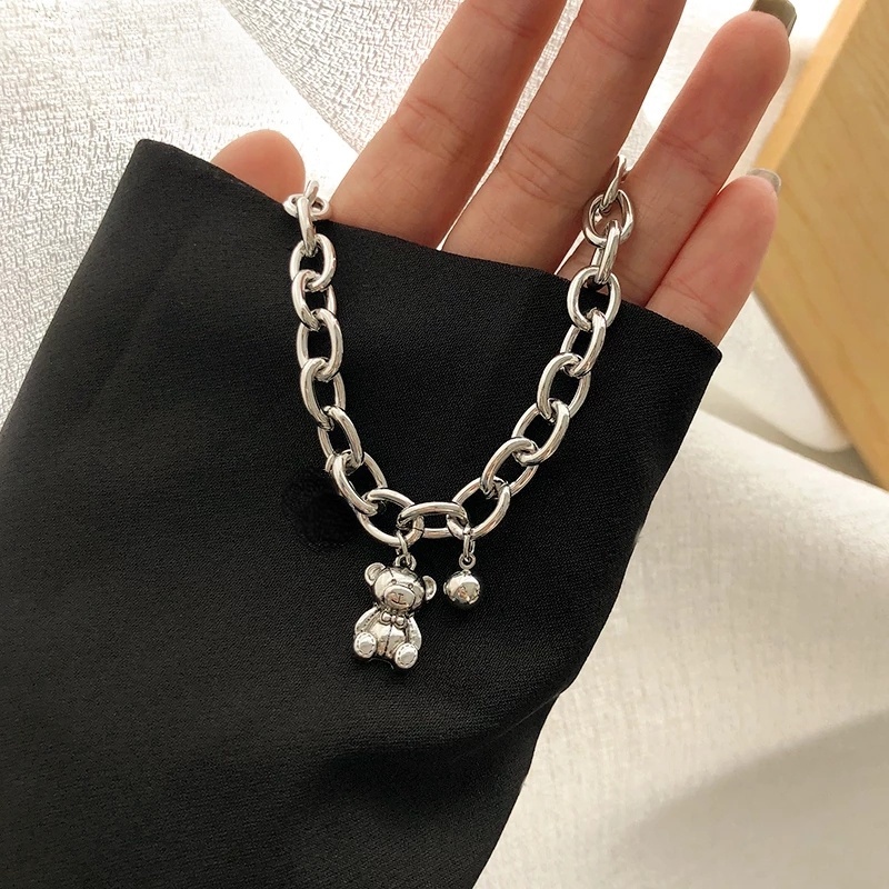 Gelang Rantai Liontin Beruang Bahan Alloy Warna Silver Dapat Disesuaikan Gaya Korea Untuk Pria Dan Wanita