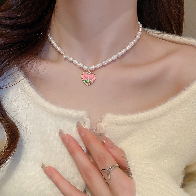 Kalung Rantai Dengan Liontin Bunga Tulip Warna Pink Untuk Wanita