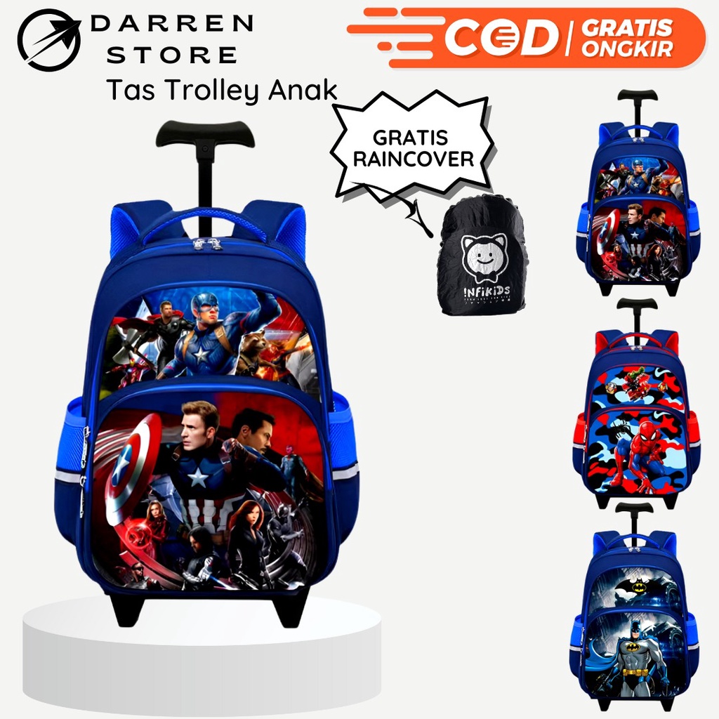 Tas Troli Anak Sekolah SD Laki Laki import 1925 Tas Dorong Superhero Ransel Trolly SD Timbul