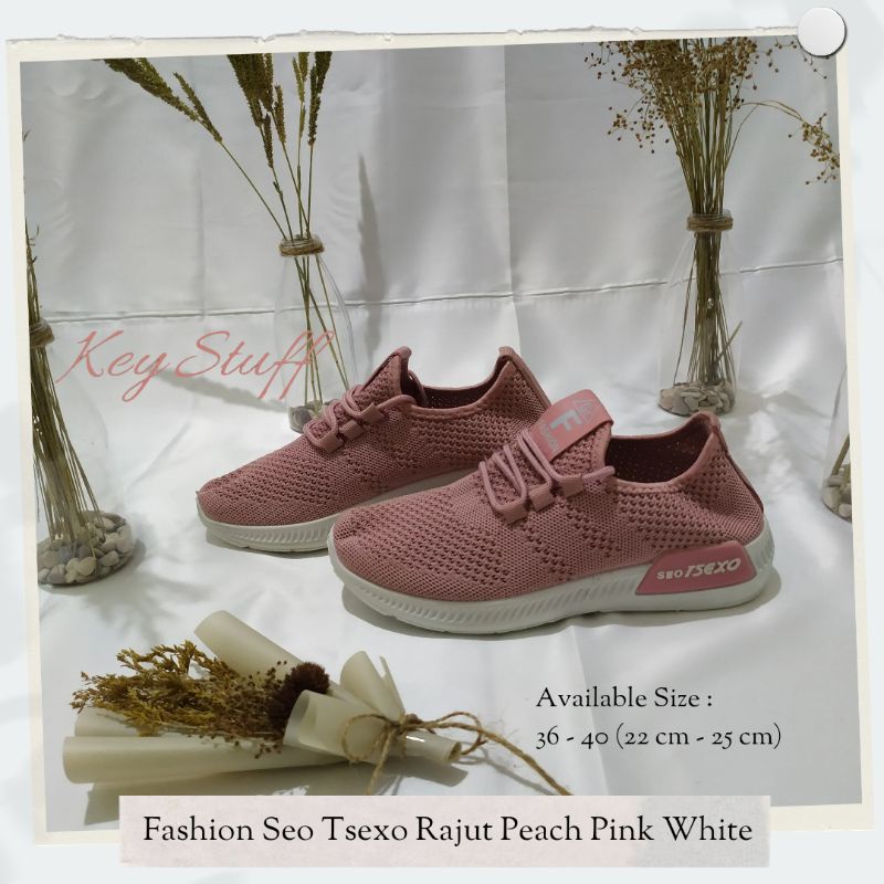 KEYSTUFF FASHION SEO TSEXO RAJUT PEACH PINK WHITE SNEAKERS SEPATU WANITA AESTHETIC IMPORT PREMIUM 'B