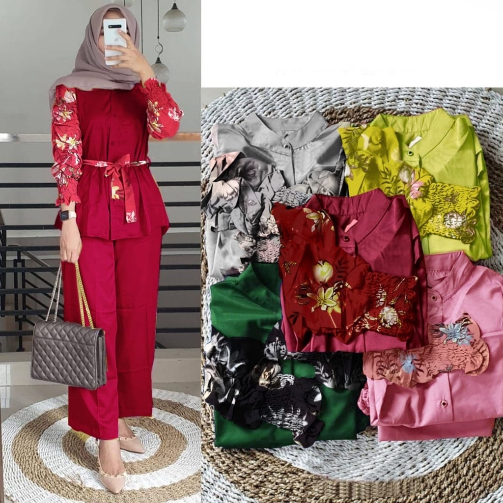 2 UKURAN L XL PAKAIAN WANITA ONE SET OUTFIT CURLA / STELAN CURLA FLOWEN HGO-Flowen Maroon L