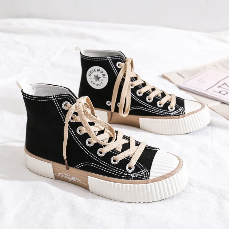 IDEALIFESHOES SEPATU CEWEK CANVAS HITAM MOTIF SIGNATURE KOREA STYLE SNEAKER PEREMPUAN TREND KANVAS TALI GROSIR SEPATU WANITA