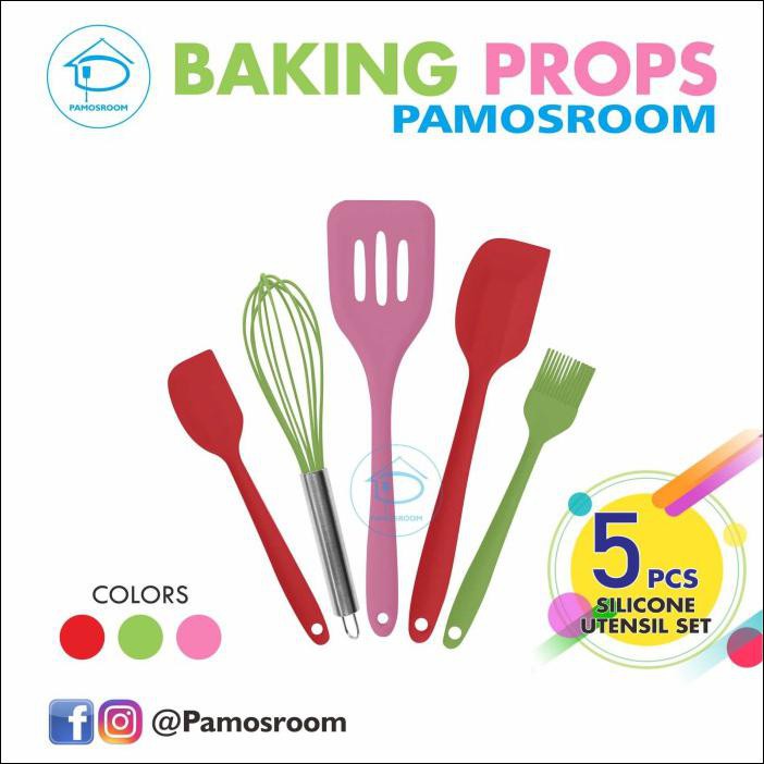 

PAMOS 5PCS BAKING PROPS KOCOKAN TELUR, SPATULA 3 PCS, KUAS KUE SILIKON - MERAH