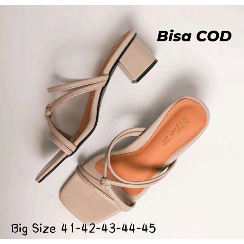 COD / Sendal Heels Wanita JUMBO size 41-45 Slop Hak Tahu Kasual Size Besar Krem, 44