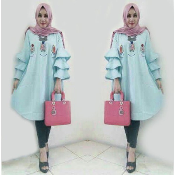 Baju Muslim Wanita Tunik Sasa Biru Muda SW - Baju Tunik Wanita Wollycrepe Biru Muda