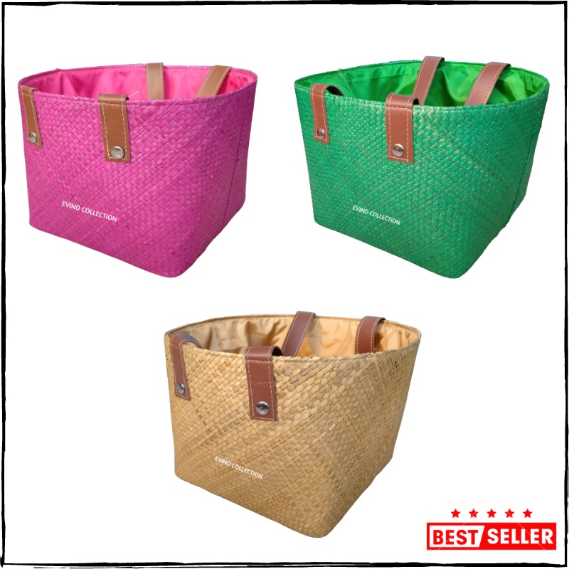 Keranjang Hampers Jumbo Anyaman Pandan Tali Kulit Sintetis Tas Parcel Anyaman Pandan