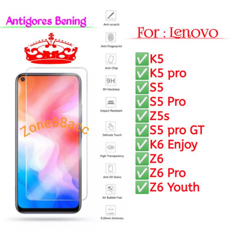 Lenovo K5 S5 Z6 Pro Z5s K6 Enjoy GT Youth Antigores Bening Tempered Glass Screen Guard protector TG