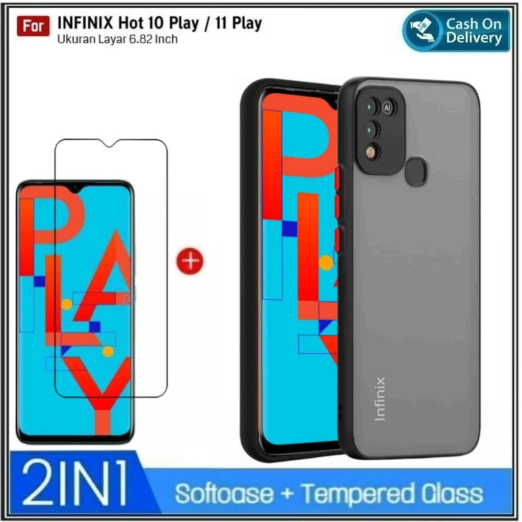 PAKET 2IN1 CASE Infinix Hot 10 Play , 11 Play , 10S , 10S NFC , 10T Hard Soft My Choise Armor Matte Bumper Aero Dove Acrylic Shockprooft Transparent Matte Casing Hp Cover &amp; Tempered Glass Clear DI ROMAN ACC