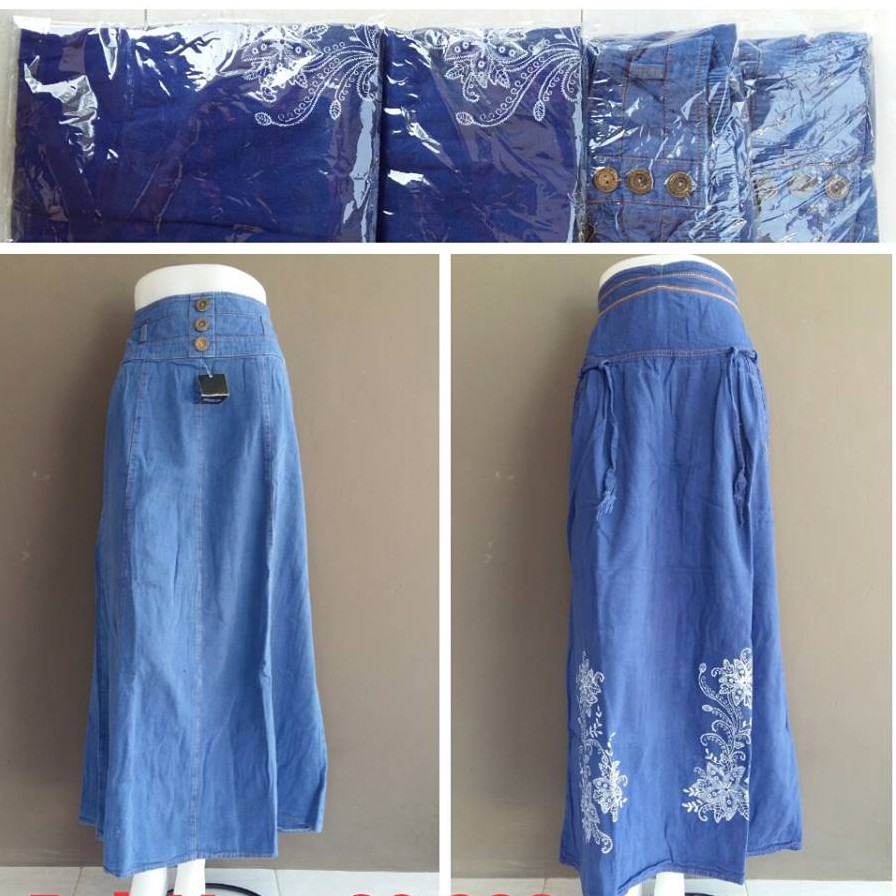 Rok jeans, bawahan wanita panjang cewek polos motif bordir 